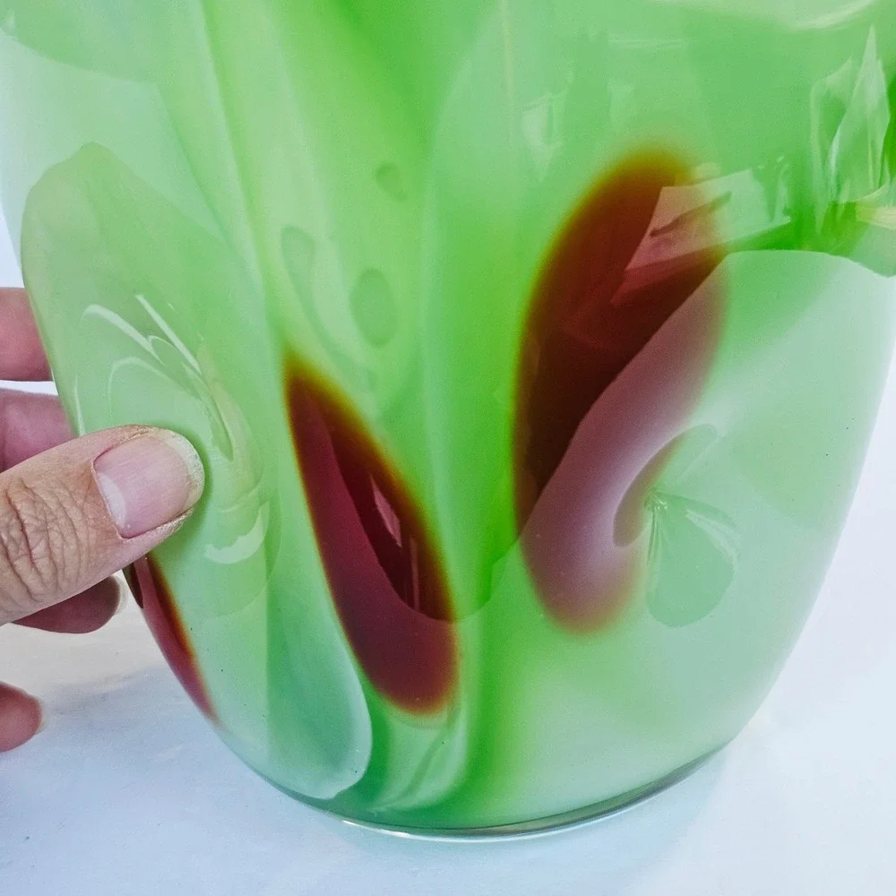 Vintage MCM Hand Blown Art Glass Vase Green Swirl Red Spotted Eclectic Artistic